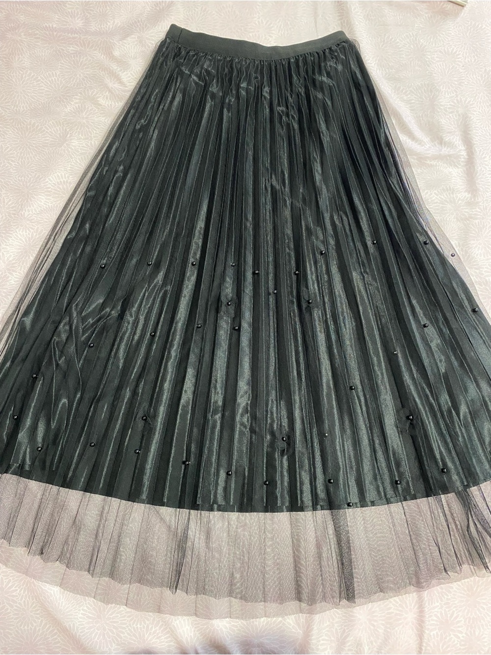 Elegant Black Beaded Pleated Maxi Skirt